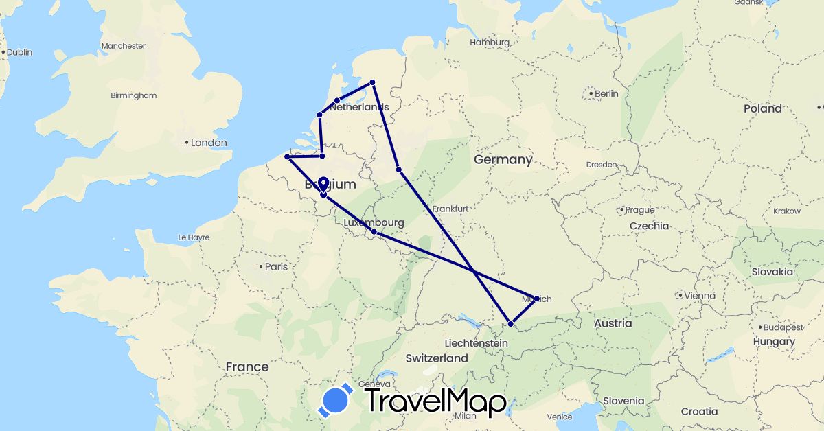 TravelMap itinerary: driving in Belgium, Germany, Luxembourg, Netherlands (Europe)